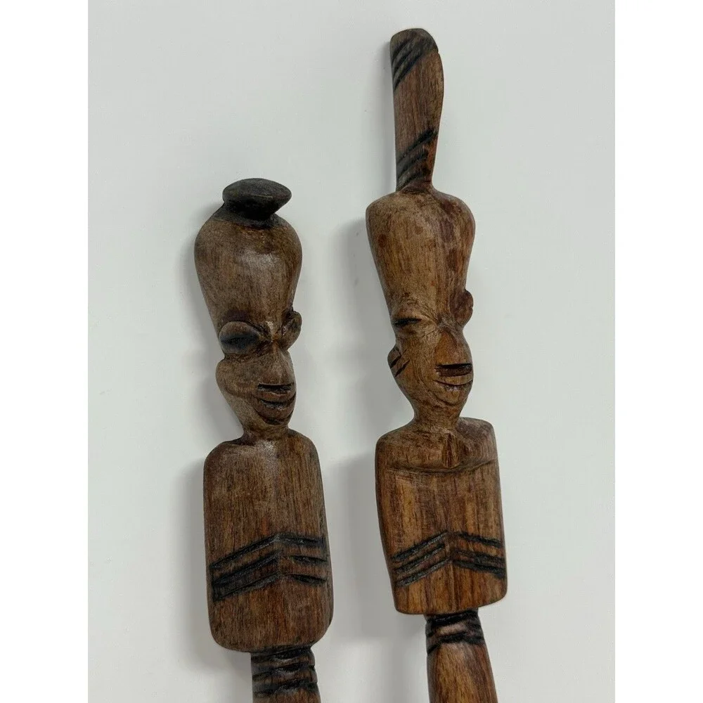 5pc Wood Serving Set 12in Bowl Spoon Fork Carved Giraffe Handles African